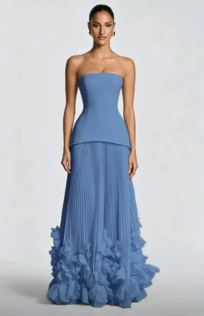 Josefa Banquet Strapless Maxi Dress 3D Floral Pleated Train Hem Luxury Gown