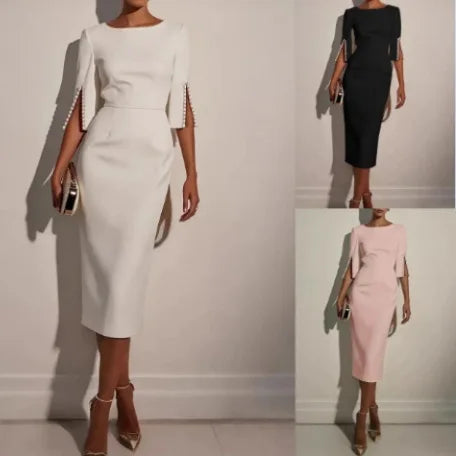 Carina Office Solid Color Commuter Bead Slim and Elegant Evening Party Dress