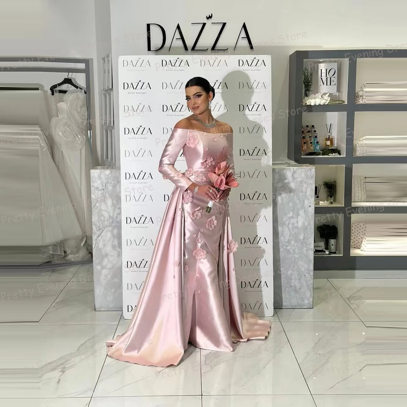 Loreal Pink Evening Dresses Sexy Mermaid Flowers Prom Gown