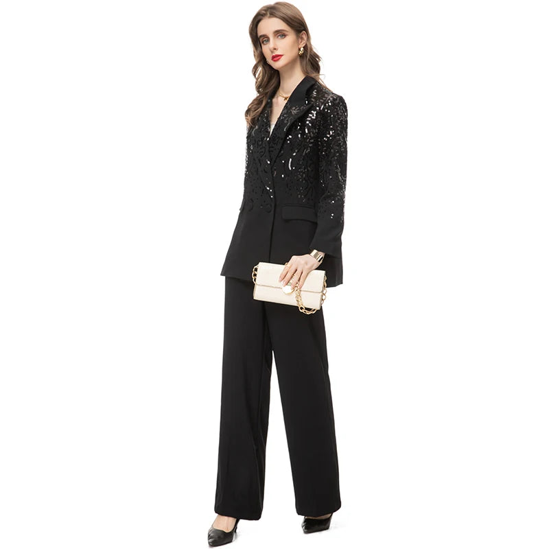 Delola Office Lady Suit Collar Long-Sleeved Sequin Suit Jacket+Wide Leg Pants 2-Piece Set