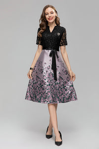 Ava V-Neck Brooch Sequins Lace Embroidery Frenulum Jacquard Midi Dress