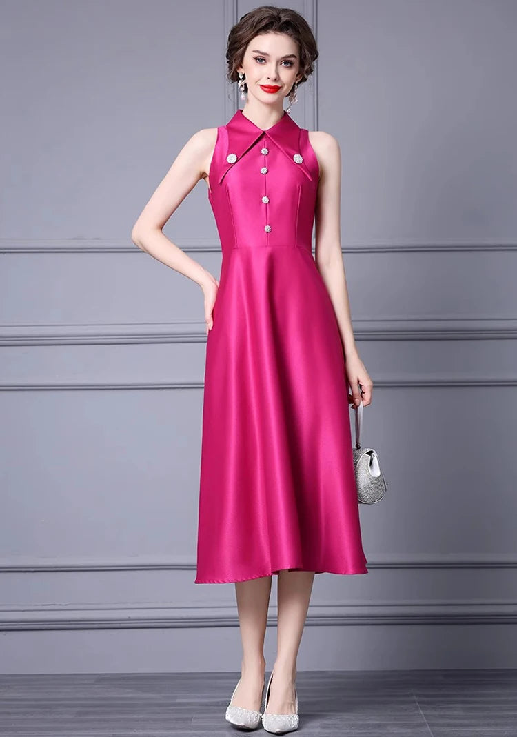 Vanessa Turn-Down Collar Sleeveless Beading Solid Color Commuter Dress