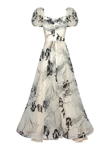 Alice Flower Print Detachable Bandage Ladies Ball Gown Dress