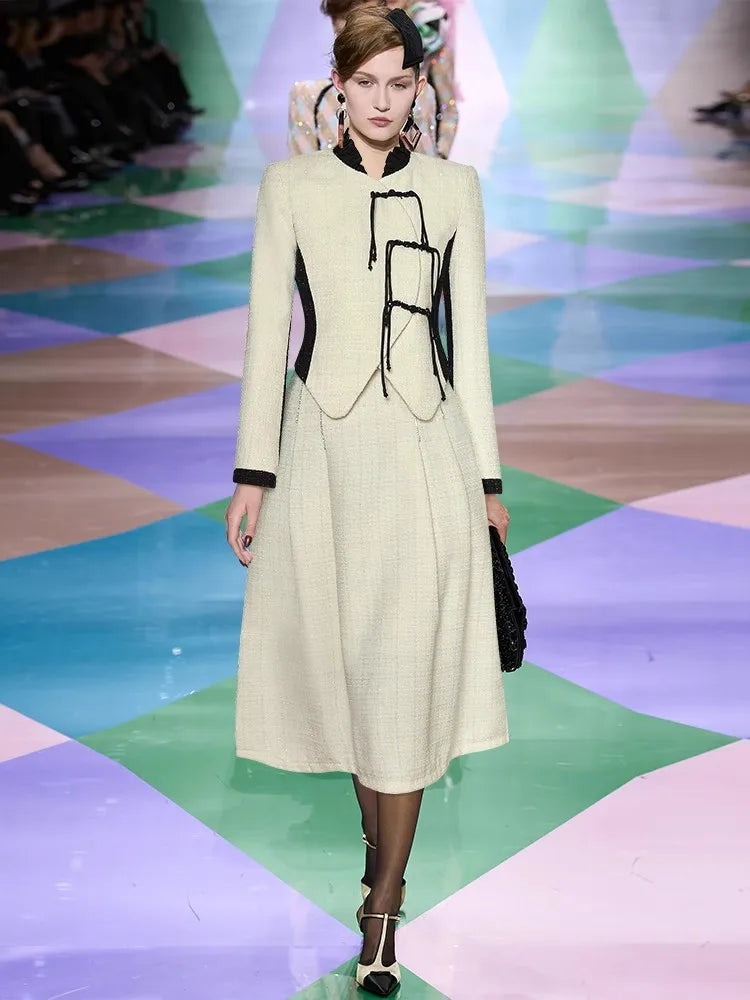 Marlowe Tweed Suit Women Stand Collar Long Sleeve Beading Button Jacket + Crystal Skirt Vintage 2 Piece Set