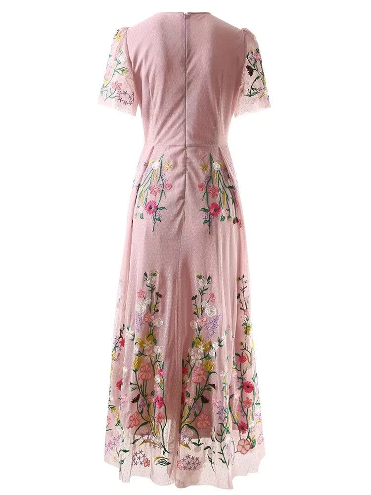 Sylvie Pink Mesh Flowers Embroidery Vintage Party Long Dress