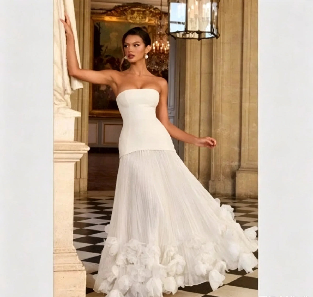 Josefa Banquet Strapless Maxi Dress 3D Floral Pleated Train Hem Luxury Gown