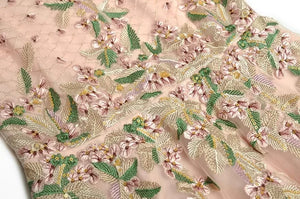Mavis Autumn Mesh O-Neck Lantern Sleeve Sequins Floral Embroidery Vintage Party  Maxi Dress