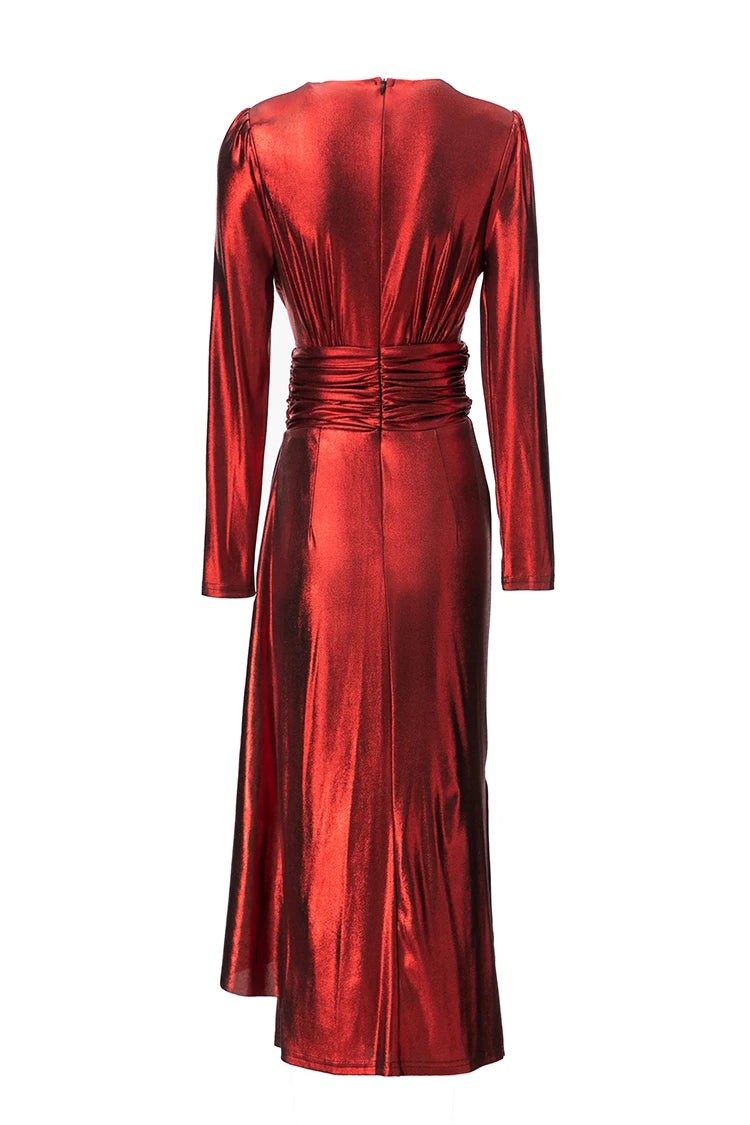 Blake Red Vintage V Neck Ruffles High Waist Slit Slim Long Dress