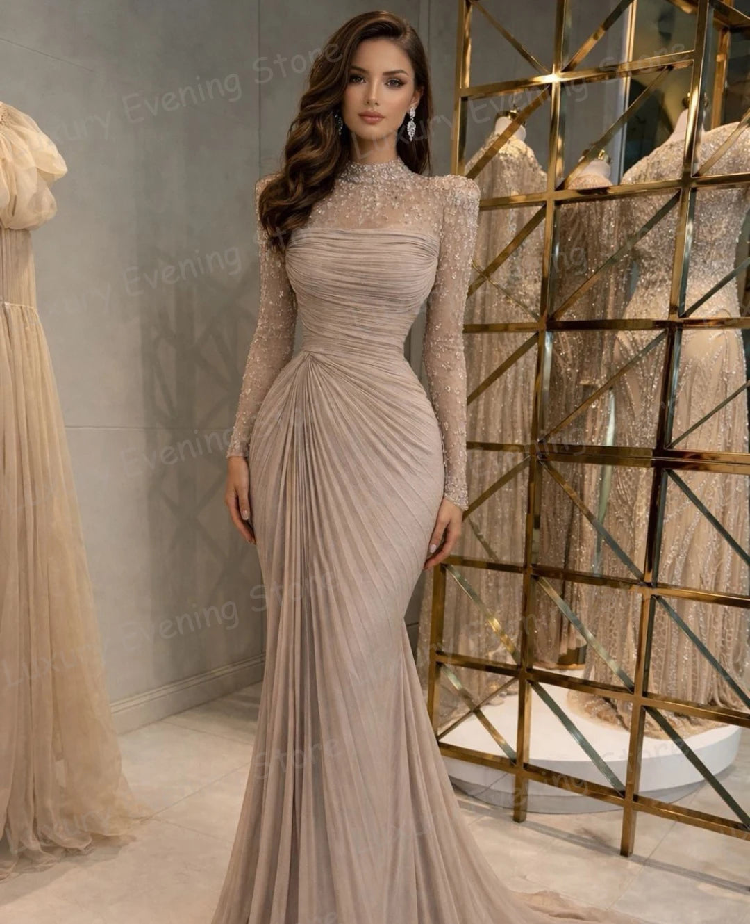 Marina Mermaid High Neck Ruffles Long Sleeve Prom Gown Party Customized Dress for Women