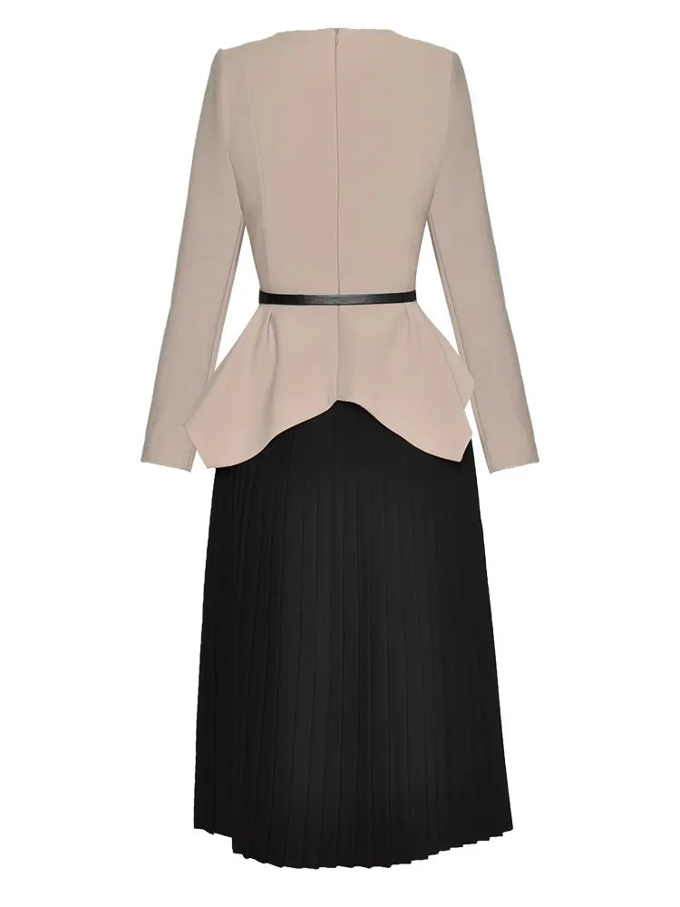 Azalea Autumn Suit Women Crystal Brooch Belt Asymmetry Jacket+ Pleated Skirt Office Lady Two-Piece Set