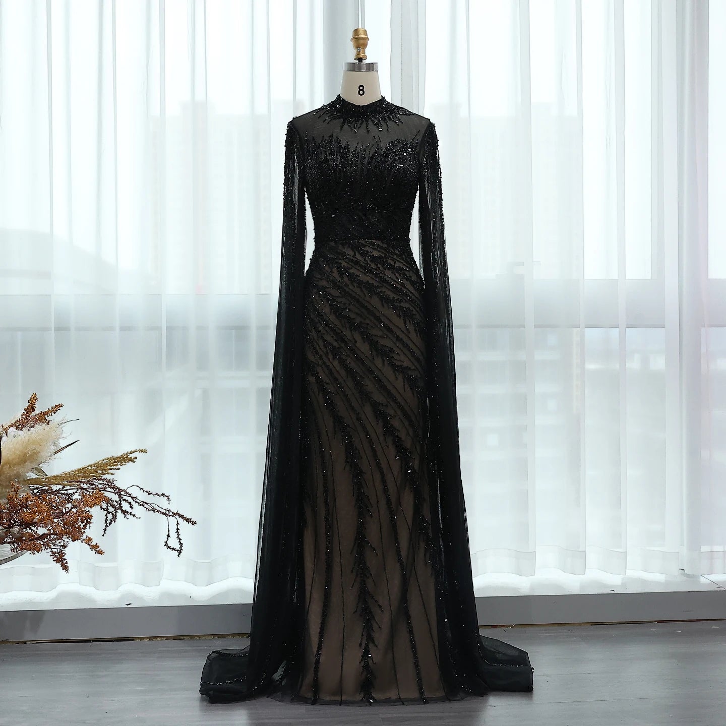 Becky Black High Neck with Beaded Cape Sleeve Evening Dress