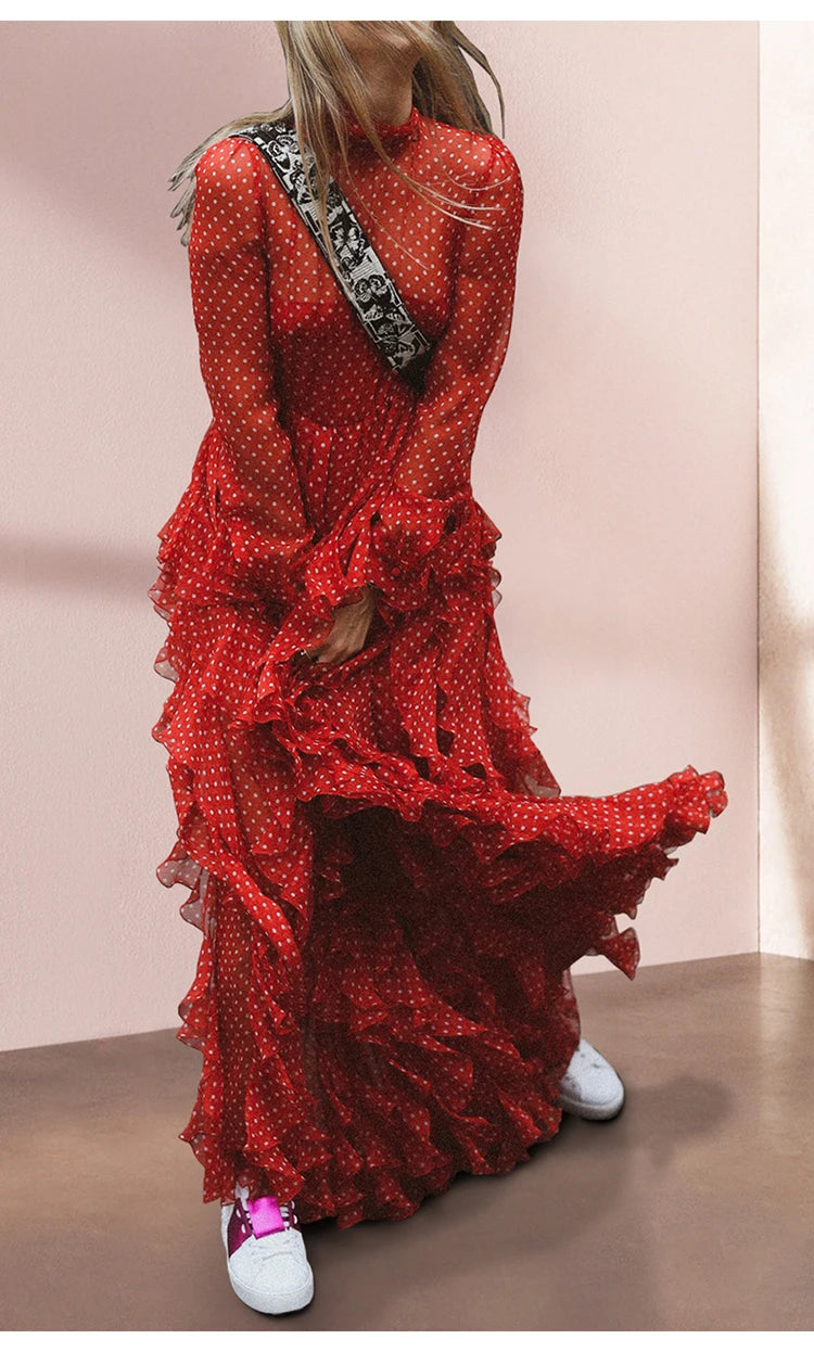 Arieth Dot Print Frenulum Collar High Waist Cascading Arieth Dot Print Frenulum Collar High Waist Cascading