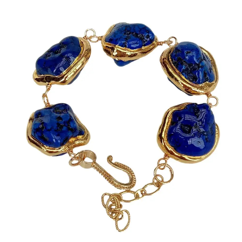 Deep Blue Turquoise Freeform Shaped With Gold Plated Bezel Beaded Wrap Bracelet