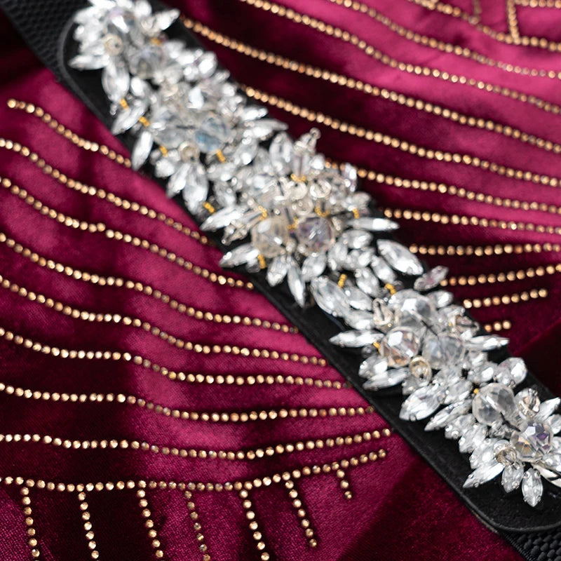 Hadassah Flared  Sleeve Stretch Velvet Patchwork Flounce Diamond Belt Dress