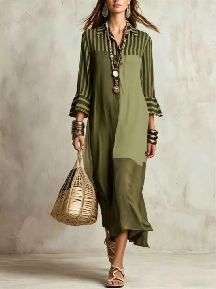 Jessa Elegant Striped Patchwork Loose Shirt Dress