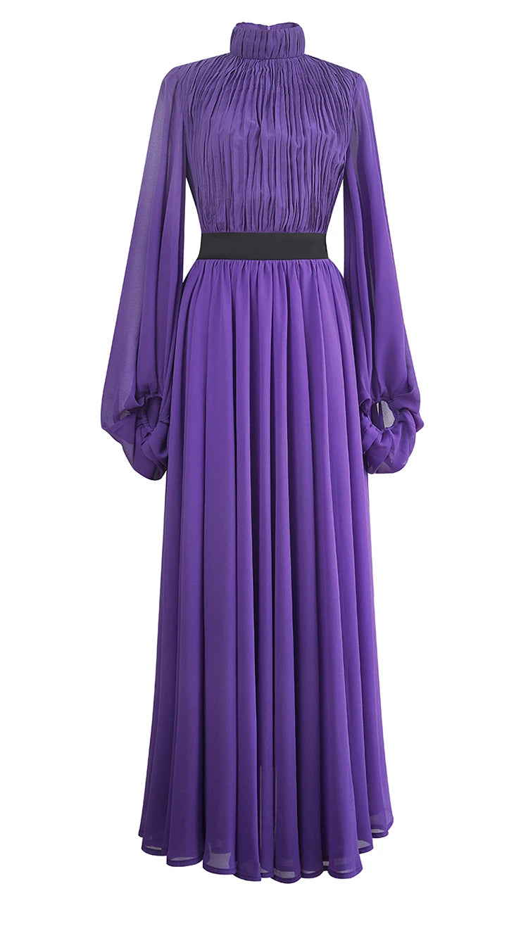 Asher Purple  Elastic Waist Slim Pleated Long Dress