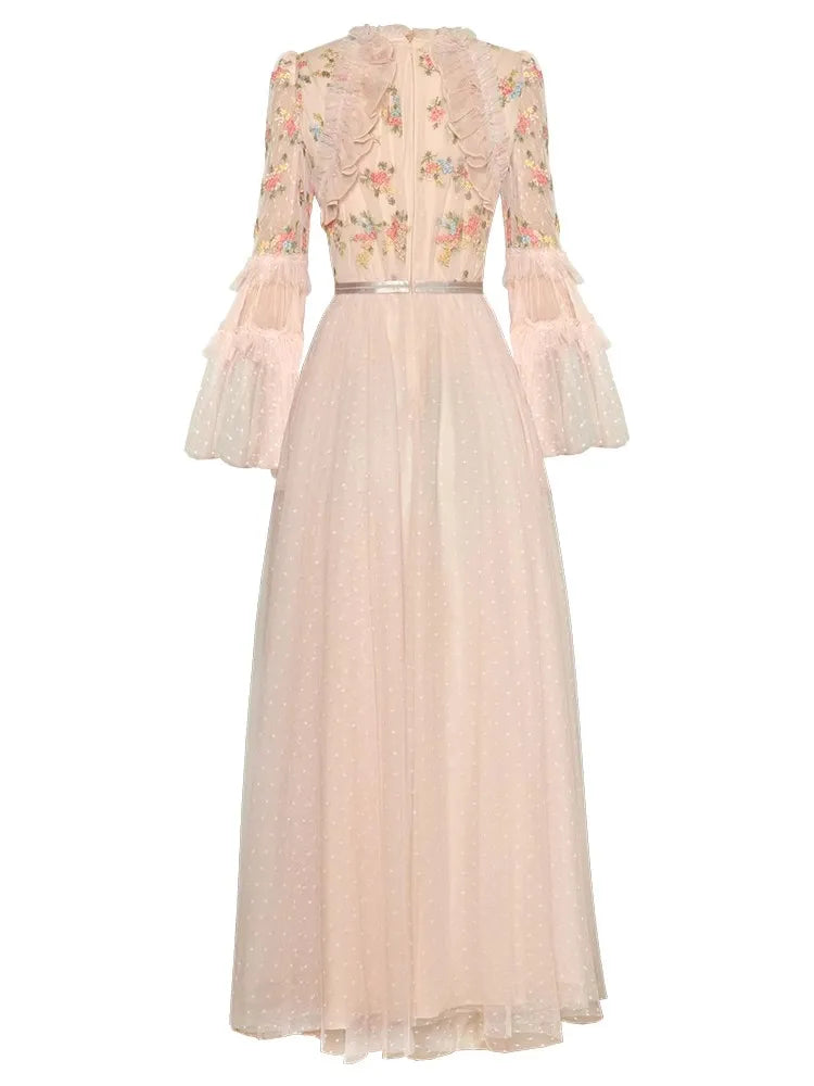 Elora Mesh O-Neck Flare Sleeve Ruffle Floral Embroidery Elegant Party Maxi Dress  Dress