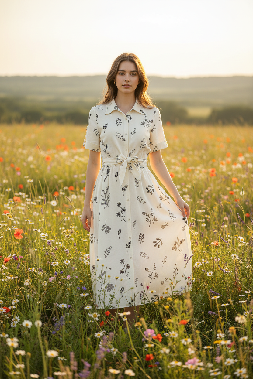 Booker Turn-down Collar Single Breasted Lace-Up Embroidery Office Lady Dress