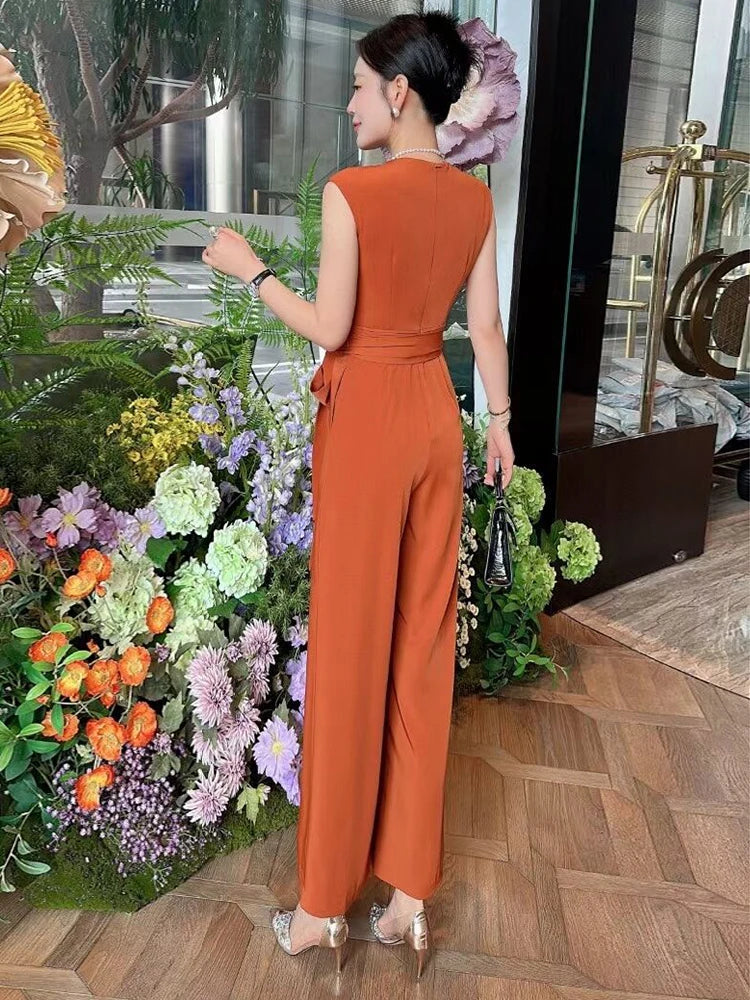 Triana O-Neck Sleeveless Lace-up Solid Color Office Lady Wide-leg Jumpsuit