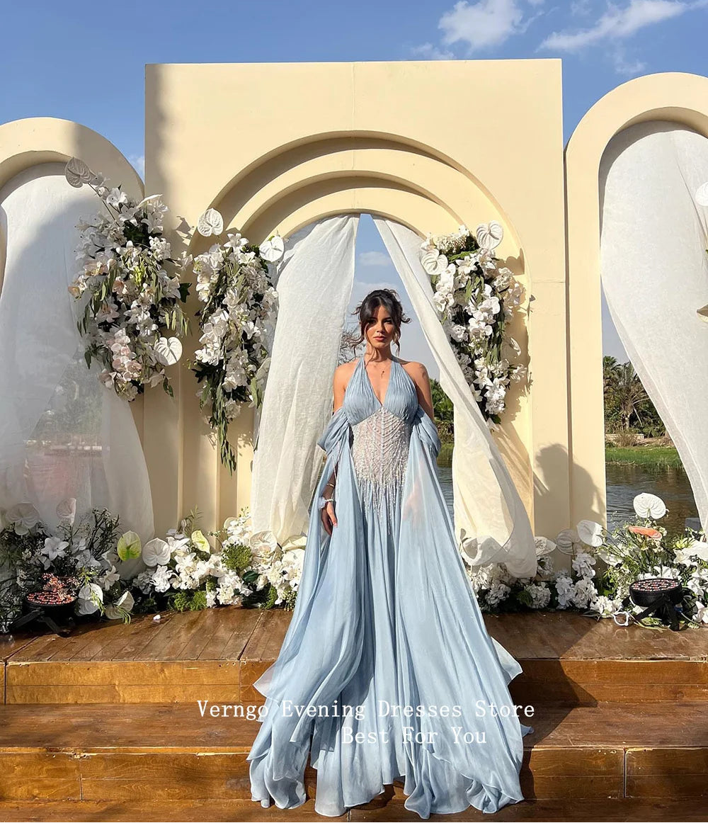 Orchid Blue Chiffon Evening Dress Halter A Line Formal Occasion Dress