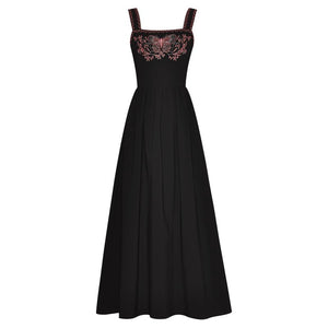 Emiliano  Strap Sleeveless Butterfly Embroidery High Waist Black Vintage Dress