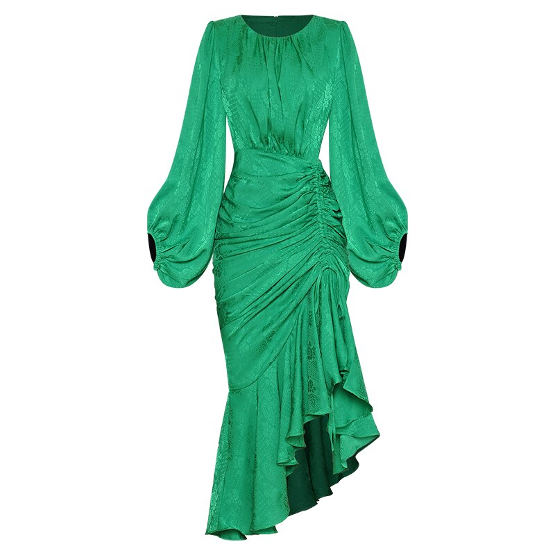 Elakshi O-Neck Lantern Sleeve Folds Asymmetrical Dress