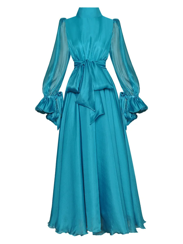 Tia Bow Lantern Long Sleeve Dress Lace Up Waist Elegant Big Swing Evening Dress