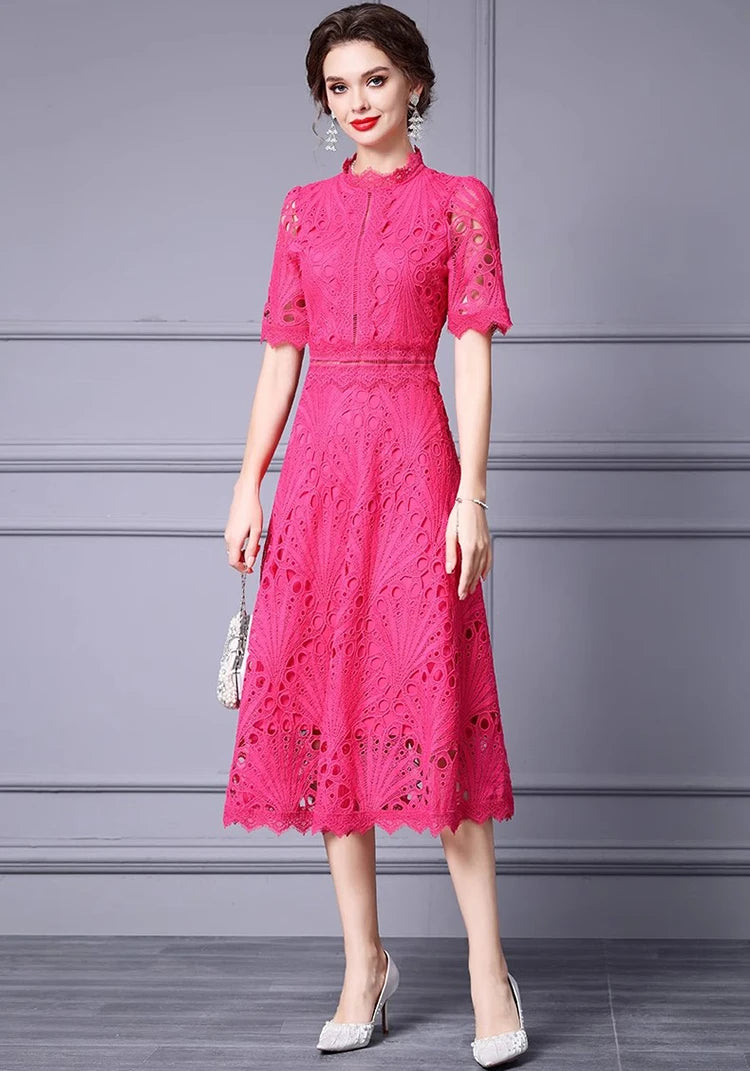 Trisha Sleeve Lace Hollow Out High Waist Solid Color Dress