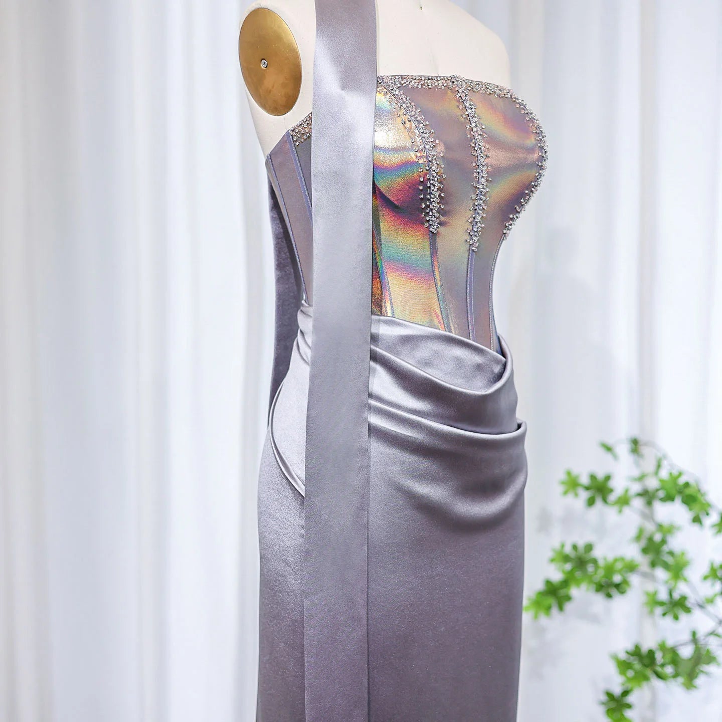 Strapless Gray Satin Evening Dress with Scarf