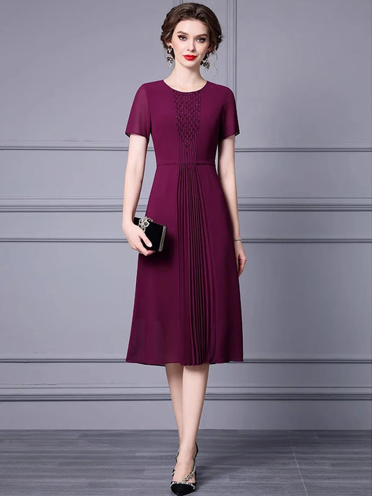 Lacey O-Neck Short Sleeve Beading Beading Office Lady Solid Color Dress