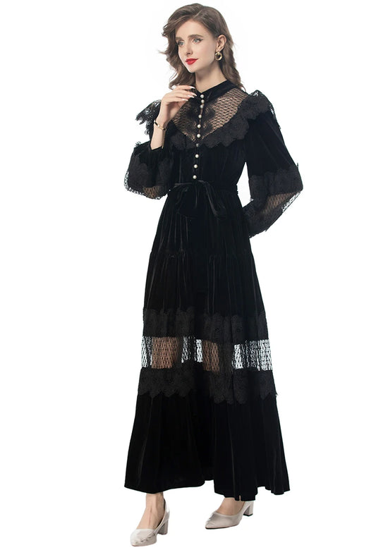 Kamari Stand Collar Lantern Sleeved High Waist Lace-Up Vintage Evening Dress