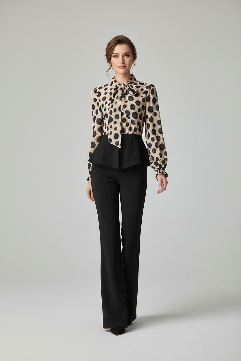 Windsor Dot Print Top + Elastic Waist Trousers Office Lady Two Piece Set