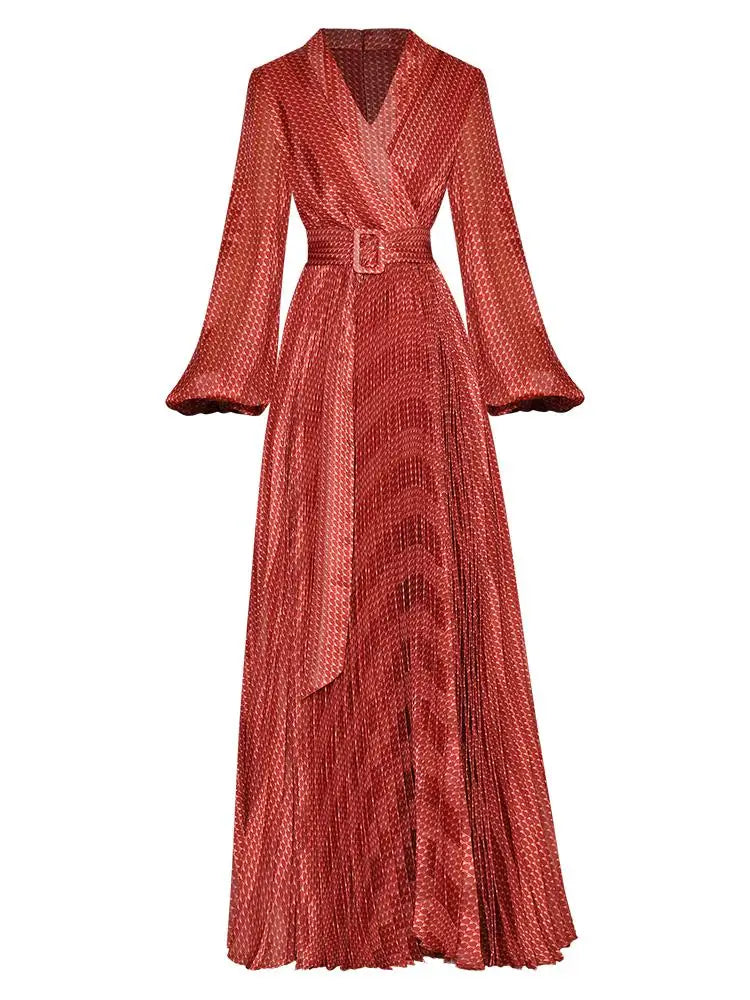 Ladia Chiffon Plaid Printed V-Neck Lace-Up Tie Pleated Large-Hem Dress
