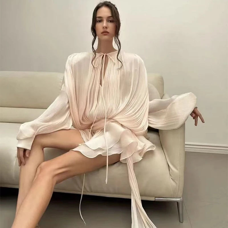 Eliany Mini Lace Up V Neck Lantern Long Sleeve Evening Hem Dress