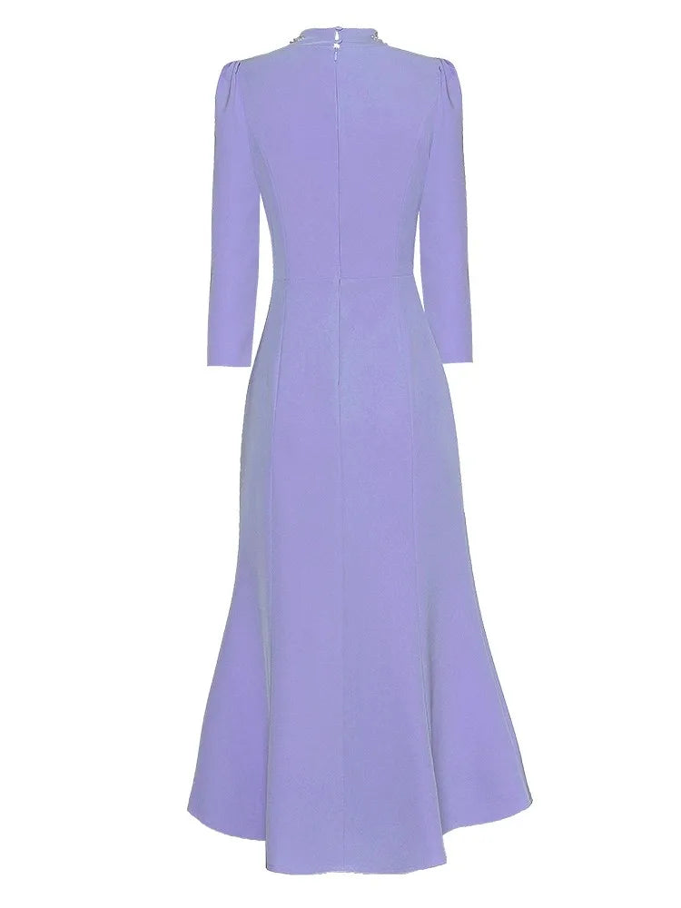 Clara V-Neck Long Sleeve Crystal Beading Office Lady Dress