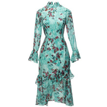 Load image into Gallery viewer, Monroe Stand Collar Flare Sleeve Ruffle Flower Print Vintage Dress