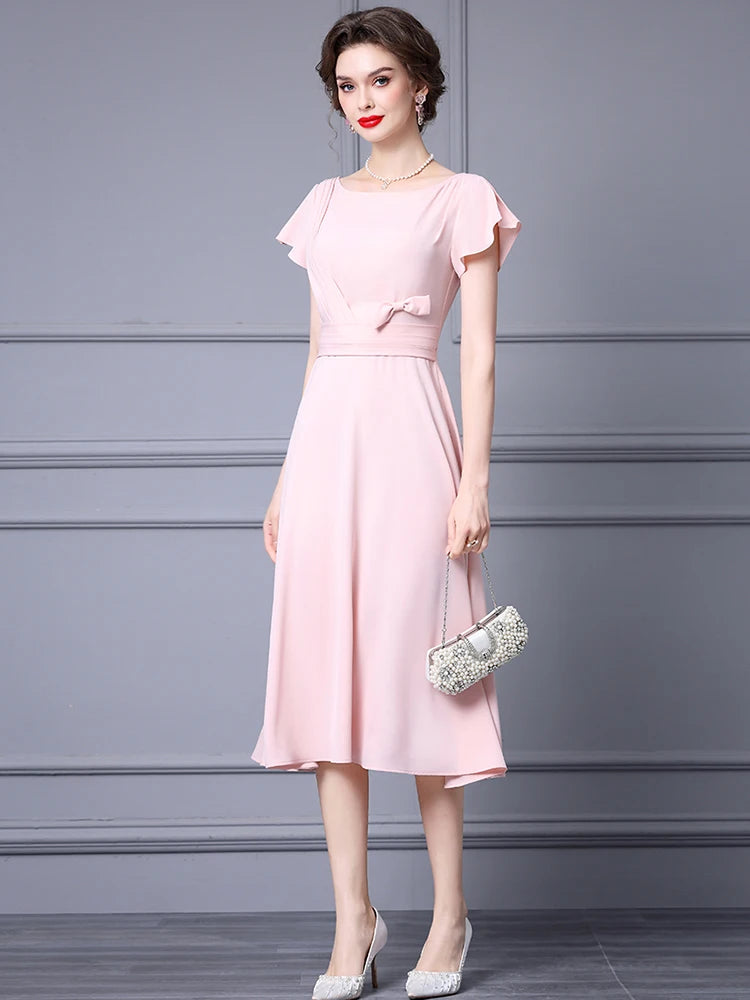 Delfinar O-Neck Short Sleeve Bow Draped Solid Color Office Lady Dress