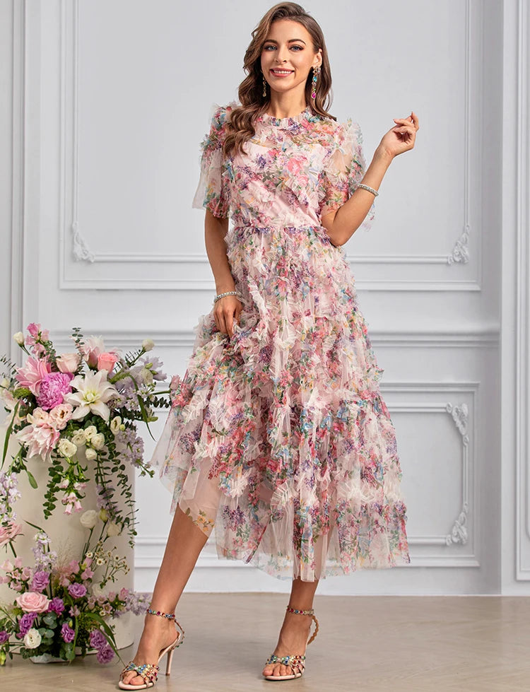 Noor Bohemian Floral Print Net Yarn Cascading Ruffle Sexy Dress