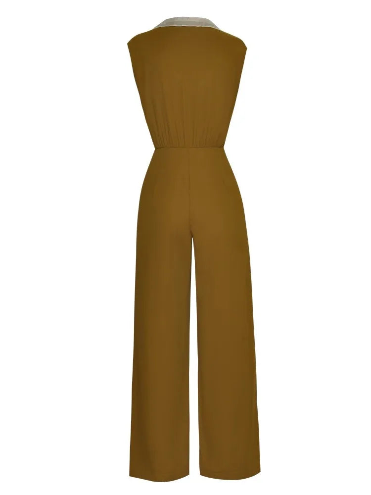 Sophie Turn-down Collar Sleeveless Pockets Office Lady Wide Leg Jumpsuit
