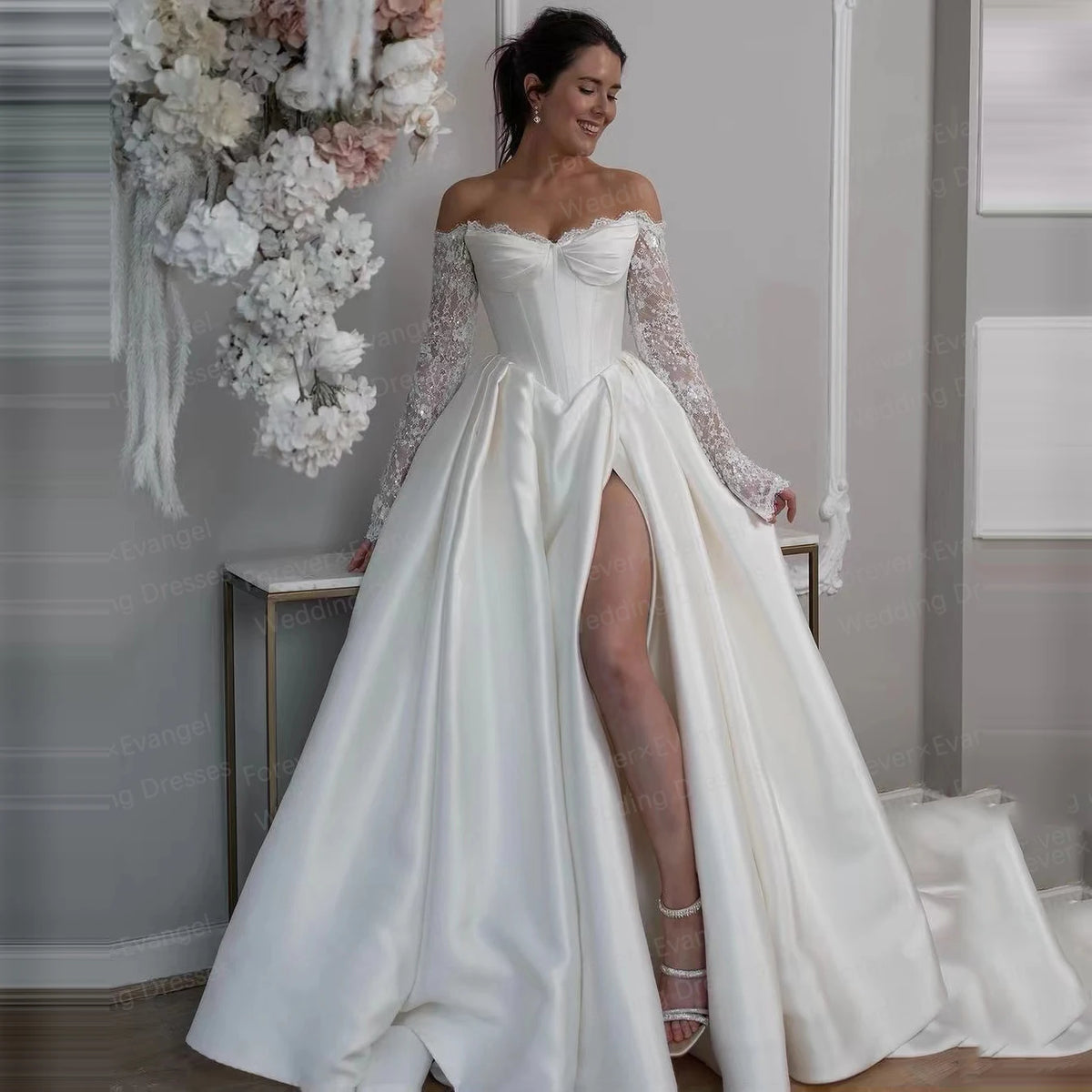 Mae Glitter Wedding Dresses A Line Woman's Sexy Sequined Off Shoulder Bride Gown