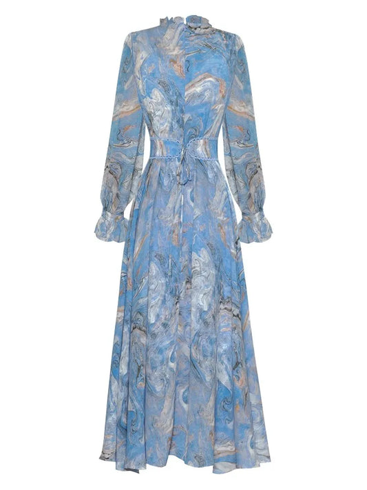 NIla O-Neck Flare Sleeve Lace-Up Draped Vintage  Print Dress