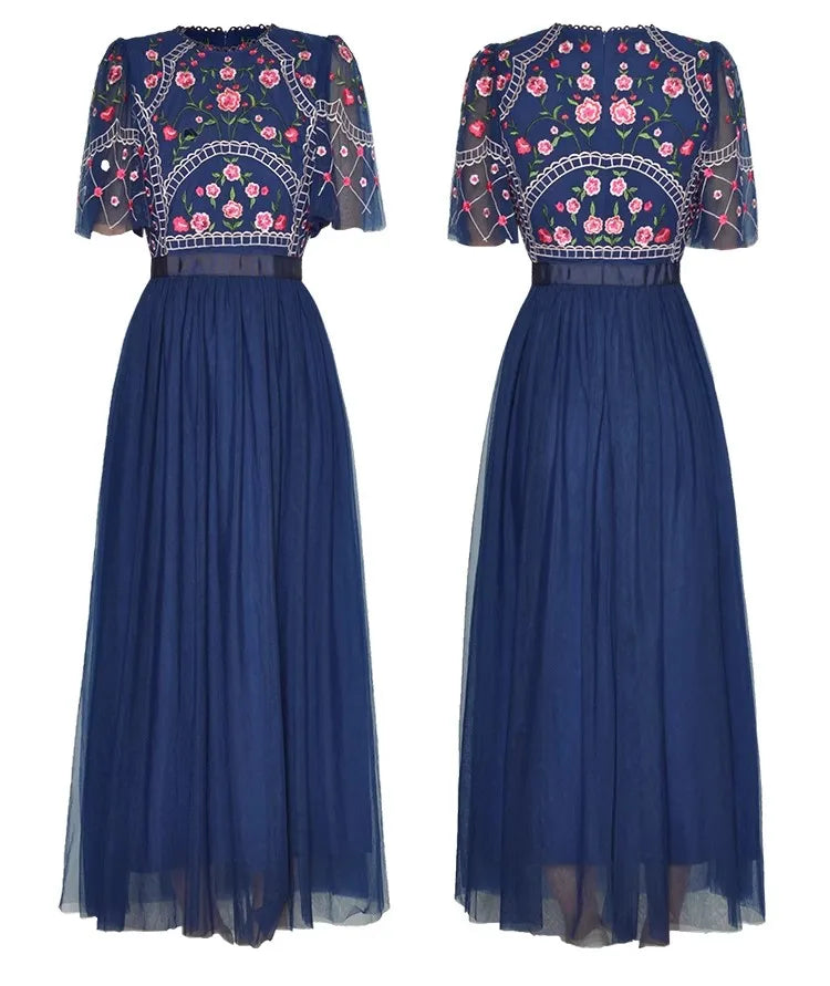 Luxury O-Neck Flare Sleeve Floral Embroidery High Waist Elegant Party Dress