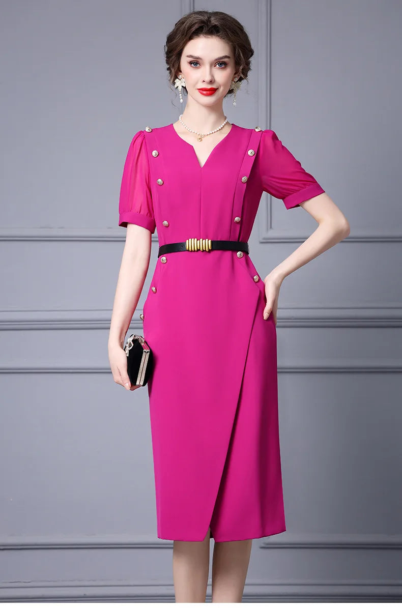 Meredith Button Elegant Luxury Style Empire Woman Pencil Dress Rose Red / L Meredith Button Elegant Luxury Style Empire Woman Pencil Dress Rose Red / L
