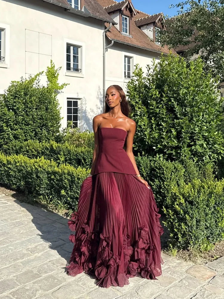 Josefa Banquet Strapless Maxi Dress 3D Floral Pleated Train Hem Luxury Gown