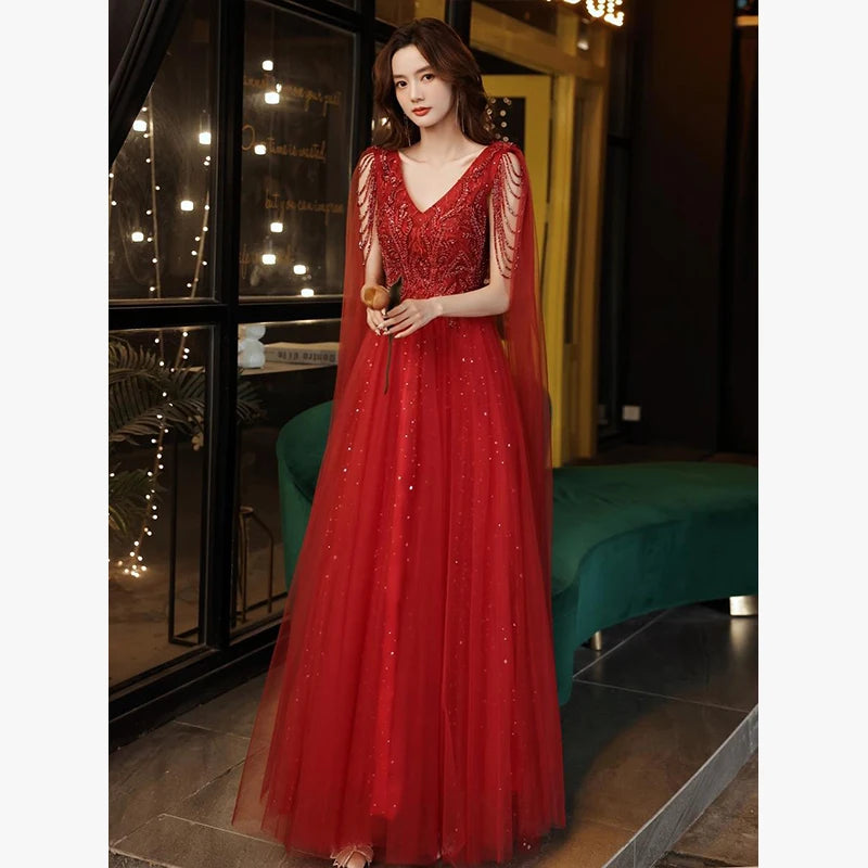 Jheanx Sexy V-neck Ball Gown Wedding Evening Party Summer Dress French Red Sequined Bride Wedding Dress Women Formal Vestidos