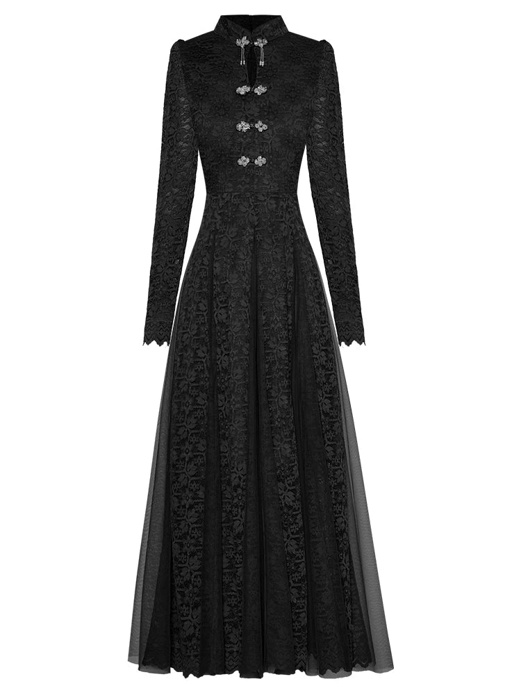 فستان طويل من Vera بياقة واقفة وأزرار مطرزة وخصر عالٍ وشبكة مقسمة