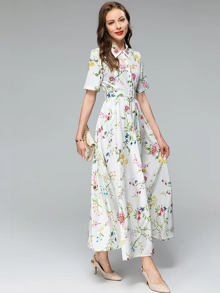 Erzilla Turn-down Collar Short Sleeves Lace-up Floral Print Elegant Party Dress