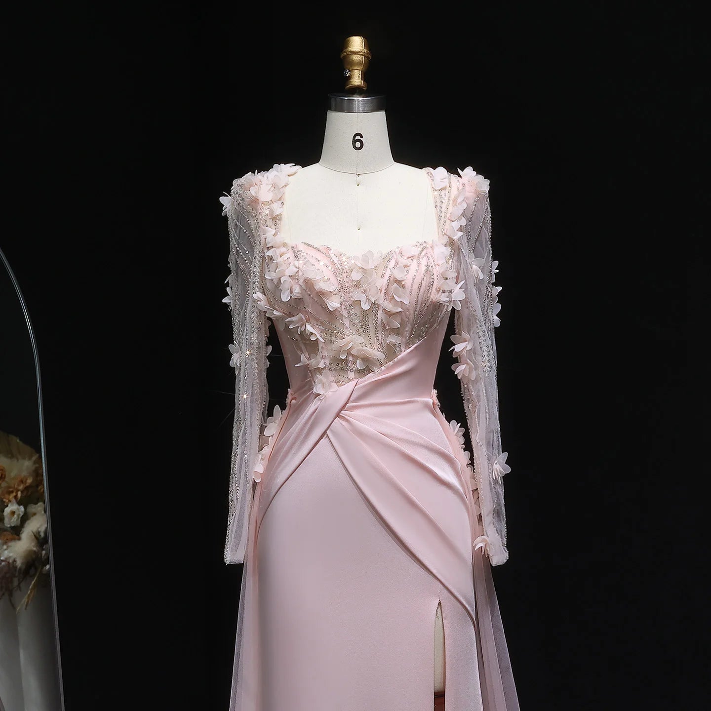 Prescila Pink Long Sleeves Mermaid With Slit 3D Flowers Evening Dress