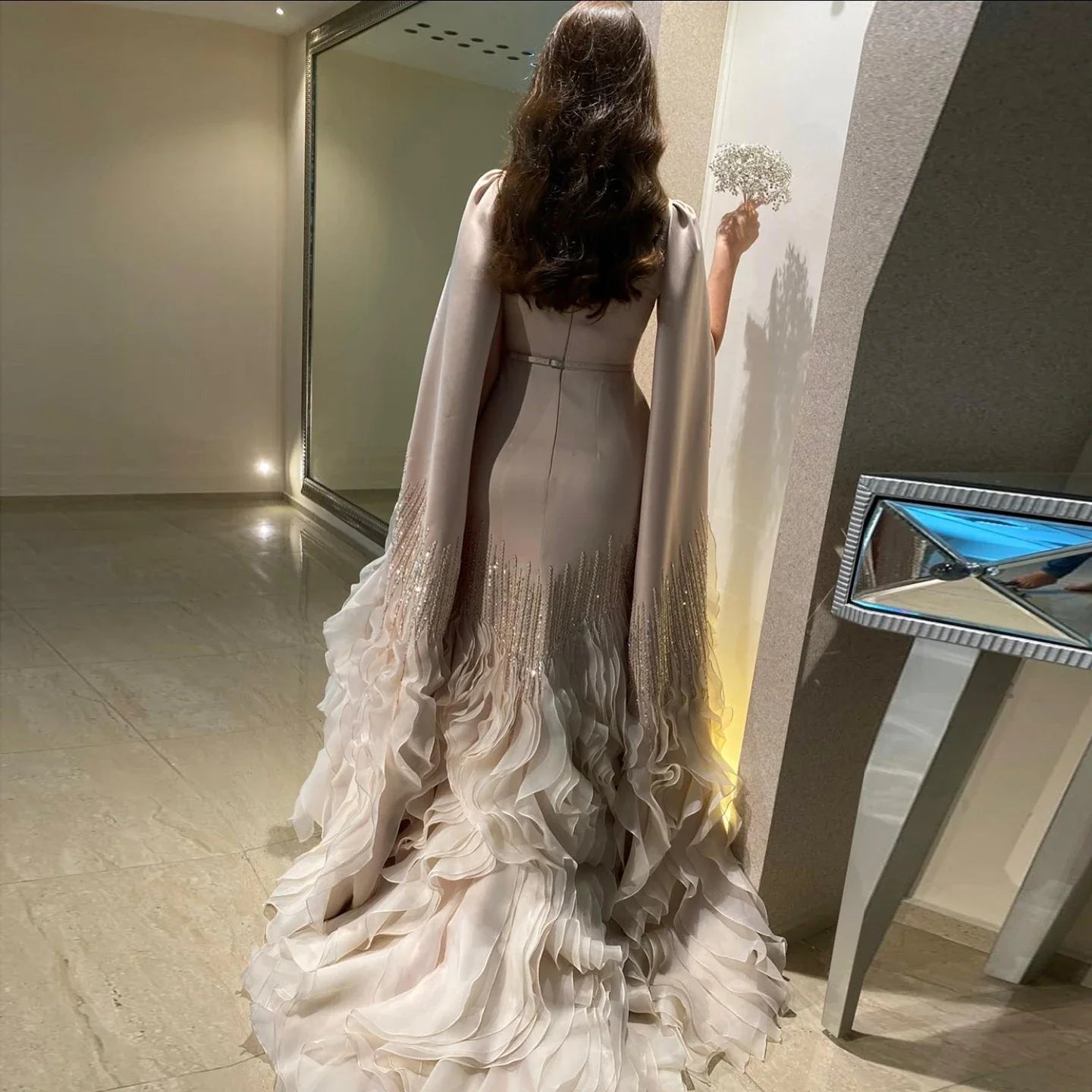 Adelaide White Evening Dresses with Cape Sleeves Tiered Ruffles Women Wedding Party Gown