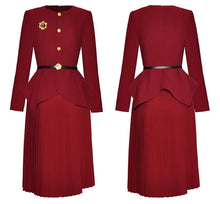 Load image into Gallery viewer, Mae Red Suit Women Belt Crystal Brooch Asymmetric Jacket+Pleated Skirt Office Lady Two-Piece Set